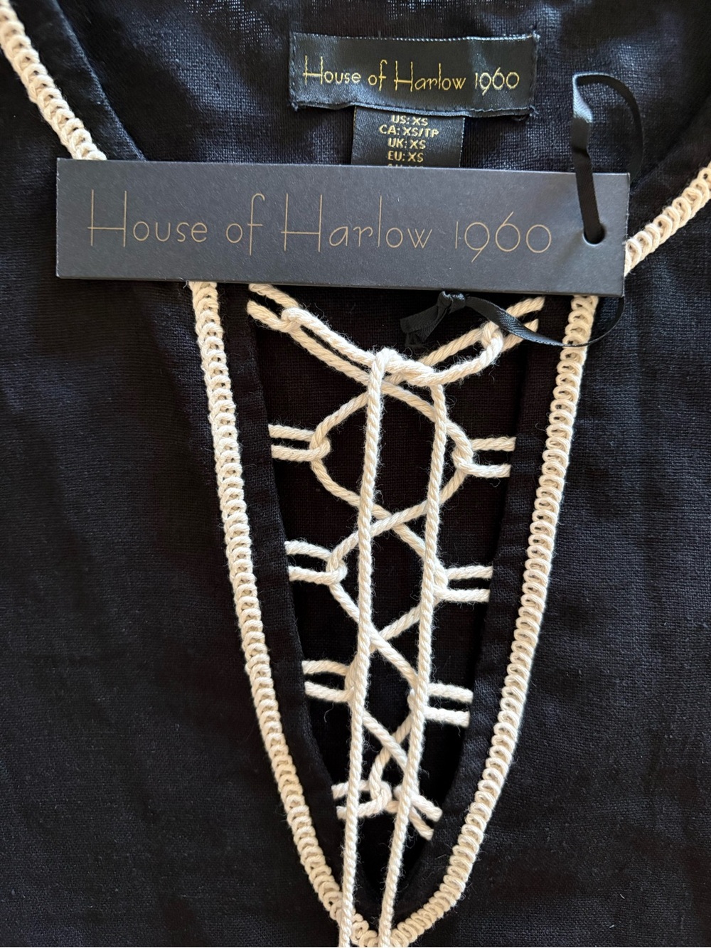 NWT House of Harlow 1960 Black Embroidered Lace-Up Peasant Blouse - Picture 2 of 9